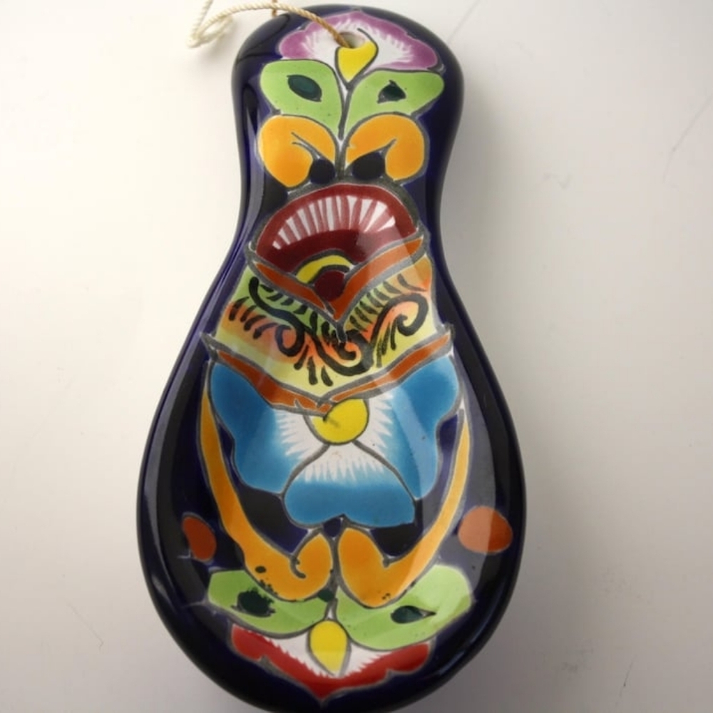 Vintage Mexican Folk Art Spoon Rest Signed Colourful hand painted